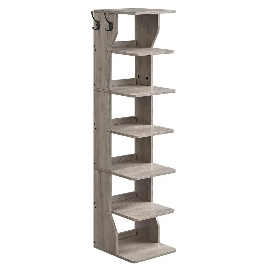 

7Tier Vertical Shoe Rack, Narrow Shoe Storage Organizer with Hooks, Slim Corner Tower Shelf, SpaceSaving for Entryway and Bedroo