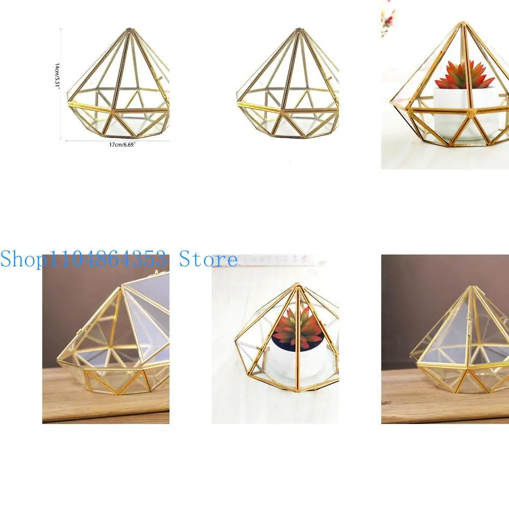 

652F Handmade Open Glass Geometry Terrarium Brass Diamond Display Container