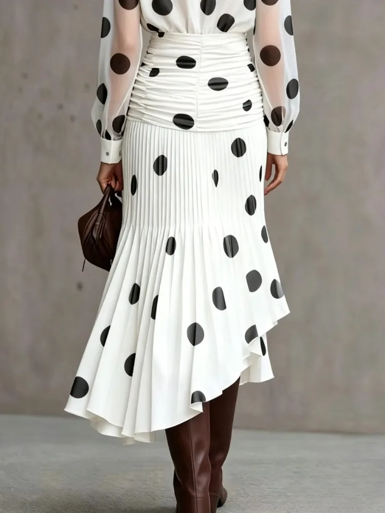 Modigirl Women's Vintage Polka Dot Asymmetric Pleated Skirt 2026 High-waisted Chiffon Versatile for Daily Office Autumn Wear