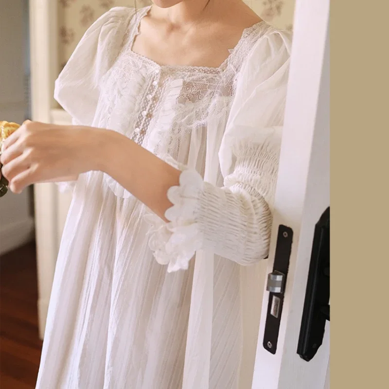 

Women Lace Square Collar Long Nightdress Romantic Princess Cute White Blue Sleepwear Vintage Spring Summer Pure Cotton Nightgown