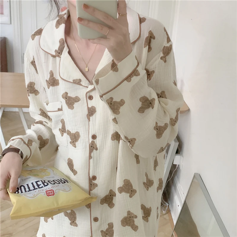 

Cartoon Bear Print Autumn Home Suit Women Cotton Korean Sleepwear Kawaii Single Breasted Shirts + Trousers Pajamas Set Ins