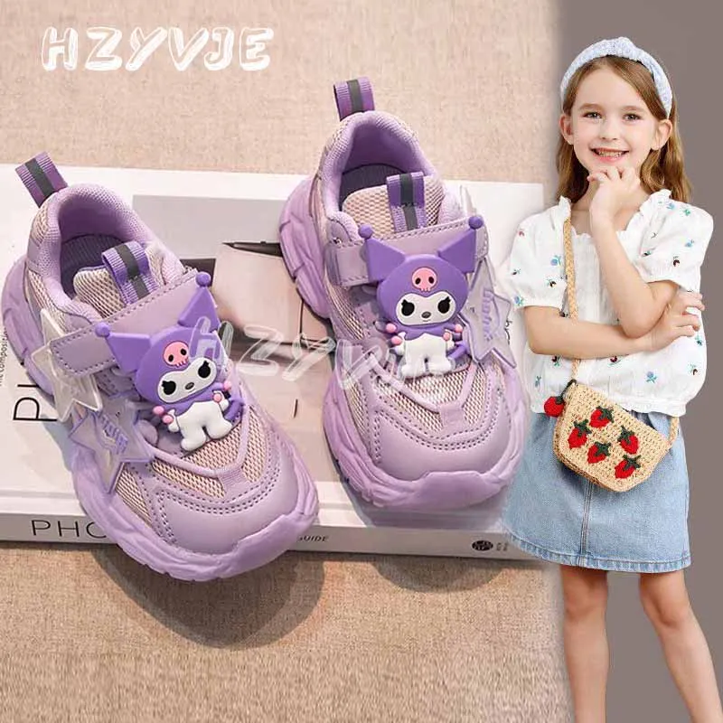 Girls' Cute Cartoon Kuromi Sports Shoes Spring and Autumn New Anti Slip Thick Soled Mesh Casual Sneakers Outdoor Running Shoes