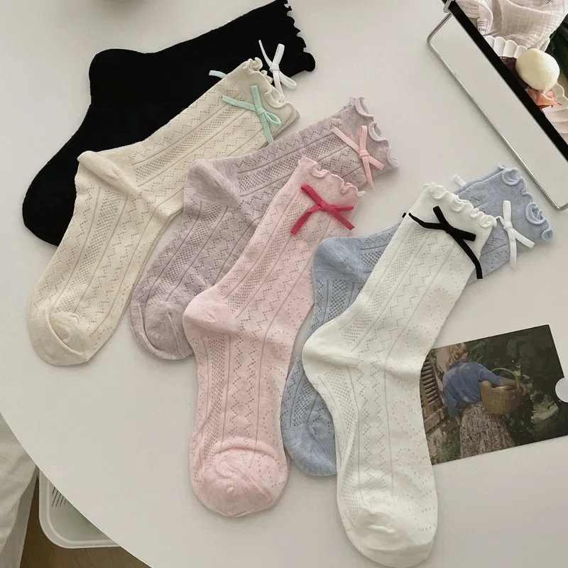 Calcetines con volantes para mujer, bonitos calcetines Kawaii de Lolita con lazo, calcetines largos sueltos de Color sólido finos y transpirables de malla calada para verano