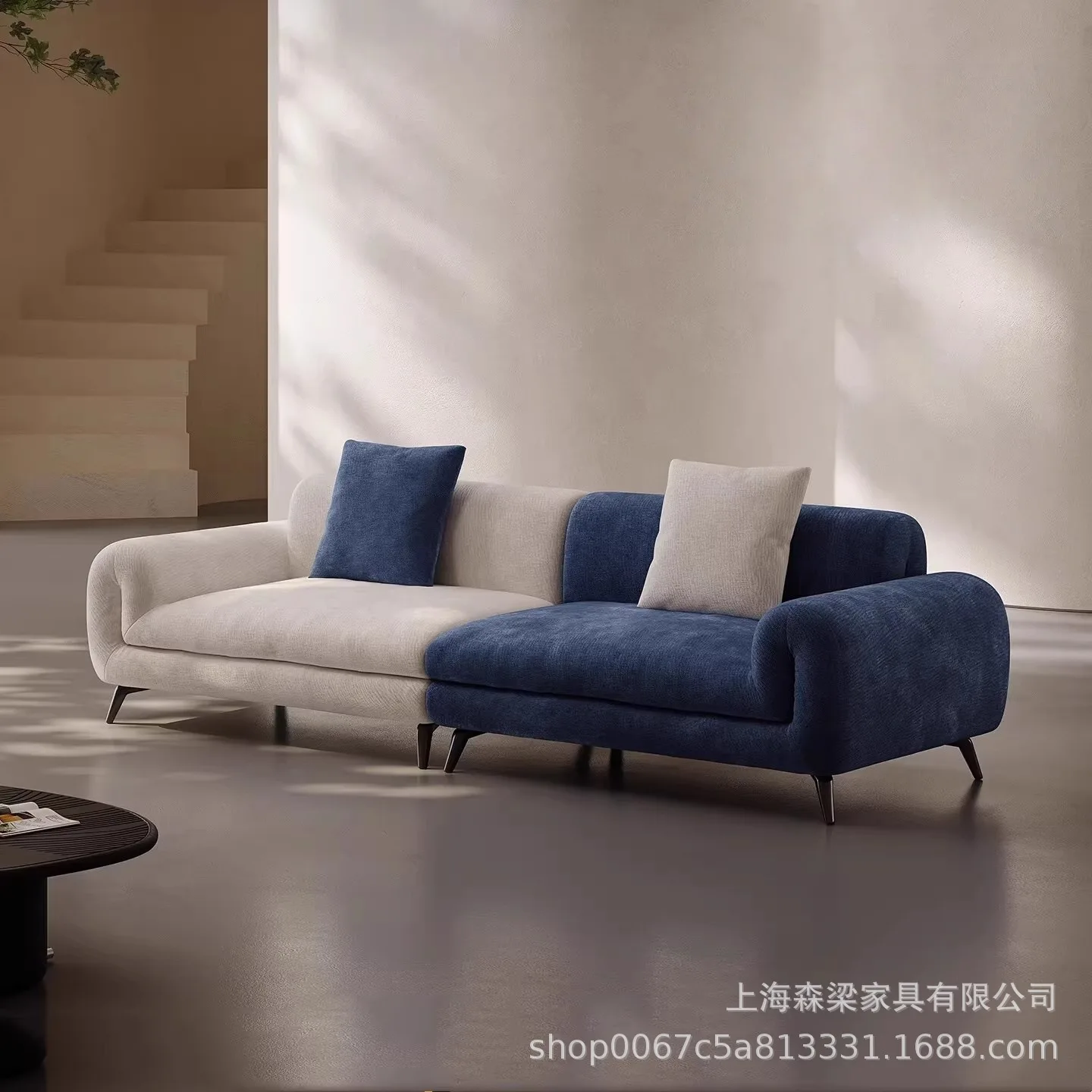 DSA minimalist cream-style blue-and-white color-block vela fabric sofa, light luxury vertical row living room sofa