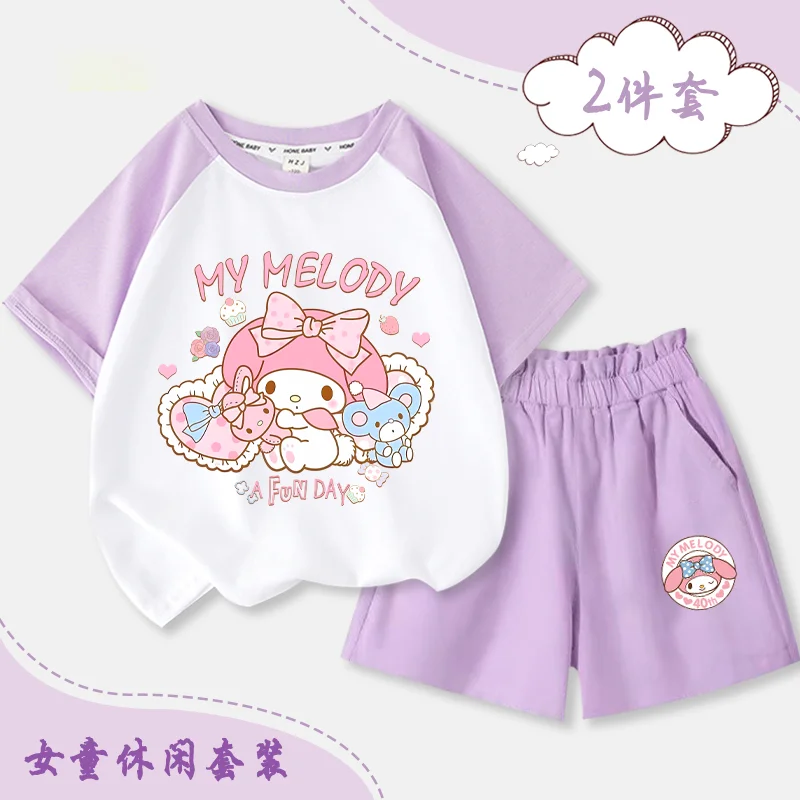 2Pcs Anime Sanrios Cinnamoroll Kids Summer Short Sleeve Shorts Kawaii Melody Kuromi Boy Girls Cotton T-Shirt Cartoon Print Tops