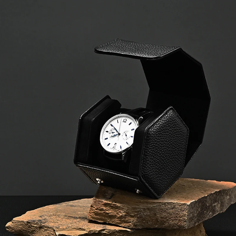 Hexagonal PU Leather Single Watch Box Velvet Liner Portable Travel Wristwatch Storage Case