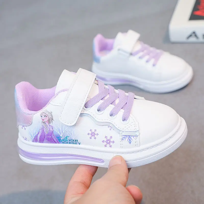 Disney spring and autumn new girls casual shoes Elsa princess students soft sole white shoes waterproof leather sneakers