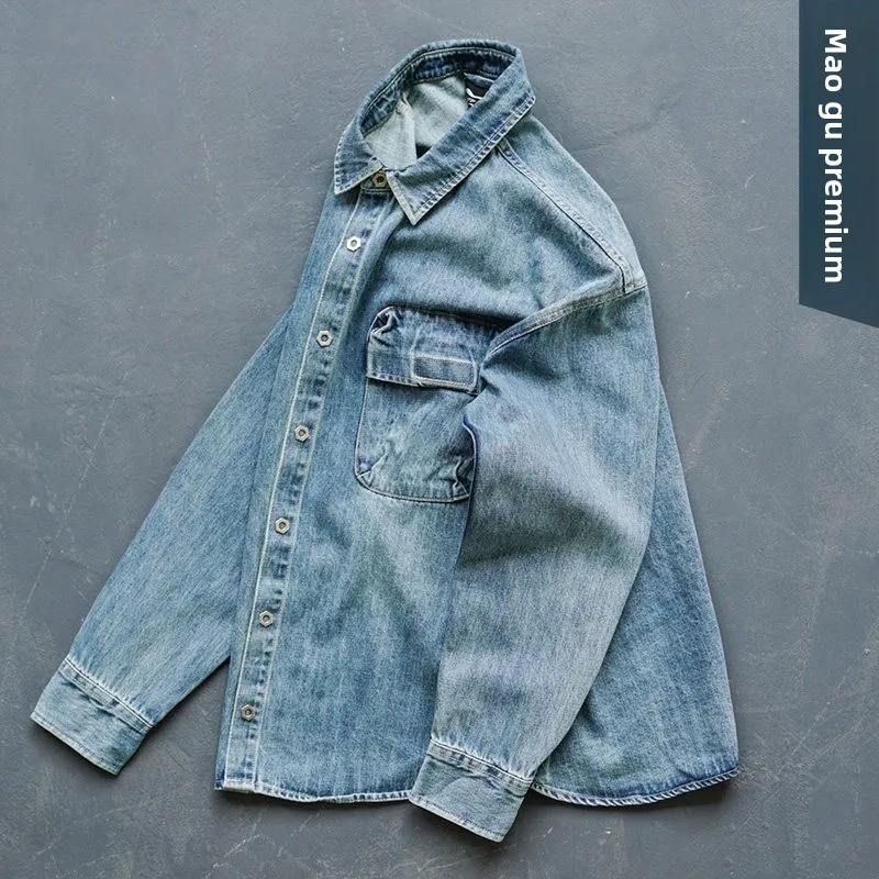 

Heavyweight Pure Cotton Distressed Washed Denim Shirt Japanese Retro Light Blue Smoke Grey Spring Autumn Long Sleeve Men's Ja...