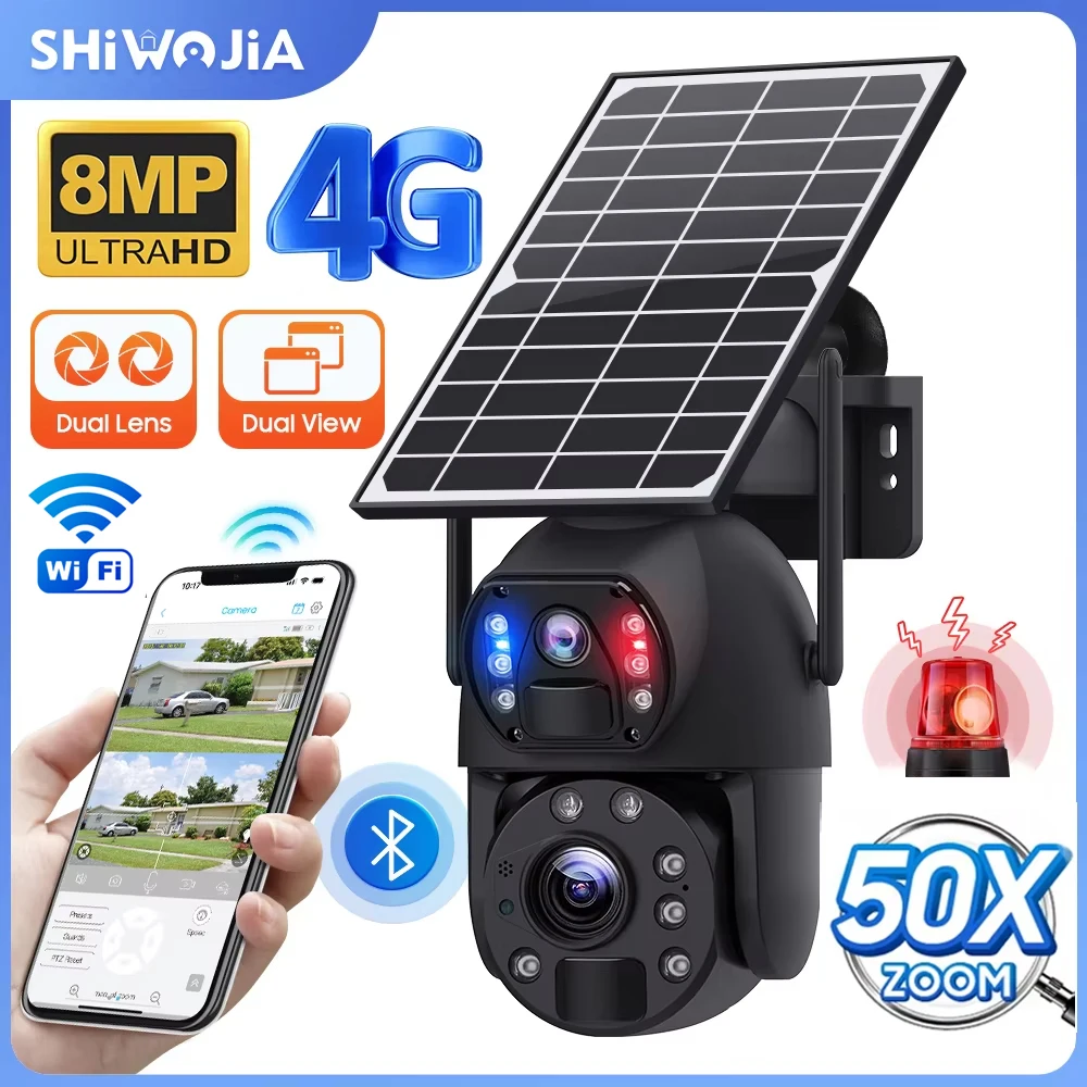 

SHIWOJIA 8MP 50X ZOOM Solar Camera 4G SIM Outdoor 360° Wireless WIFI Battery Security Cameras with Solar Panel PIR Night Vision