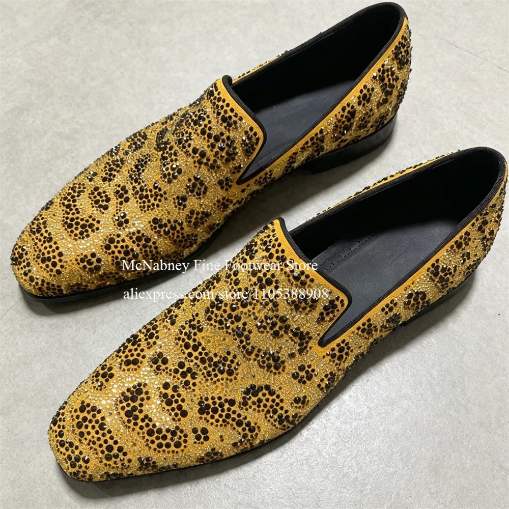 Crystal Embellished Yellow Leopard Loafers Men Round Toe Slip on Dress Shoes Handmade Wedding Business Gentlemen Formal Shoes