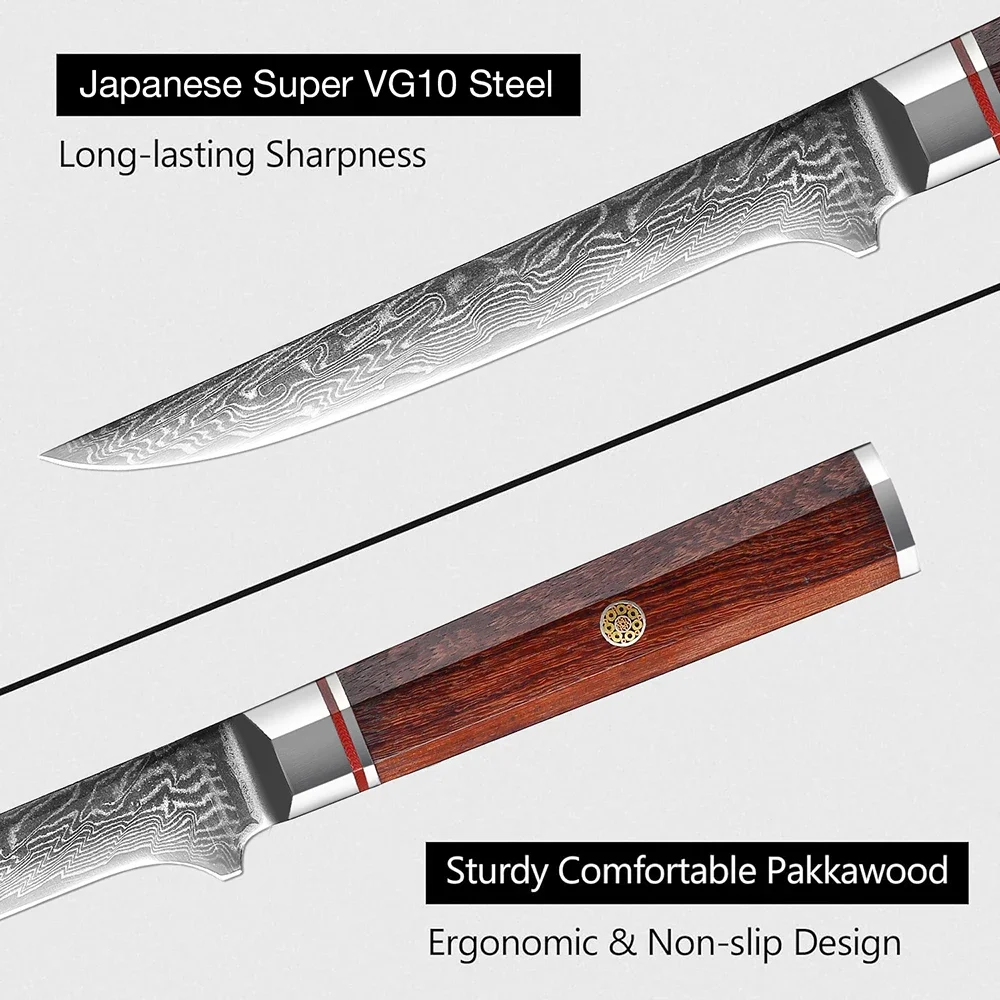 XITUO Japanese Damascus Steel Kitchen 6 Inch Boning Knife Fillet Knife Deboning Knife Red Acid Branch Handle with Leather Sheath