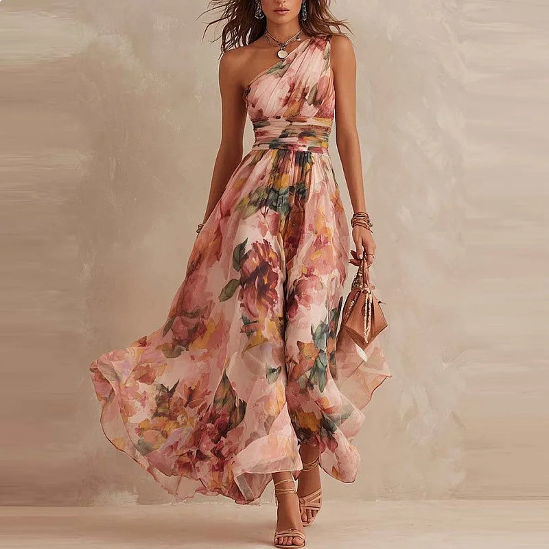 Elegant Summer Women's One Shoulder Sleeveless Dress Digital Print Flowy Midi Dress Spring Summer Outfit