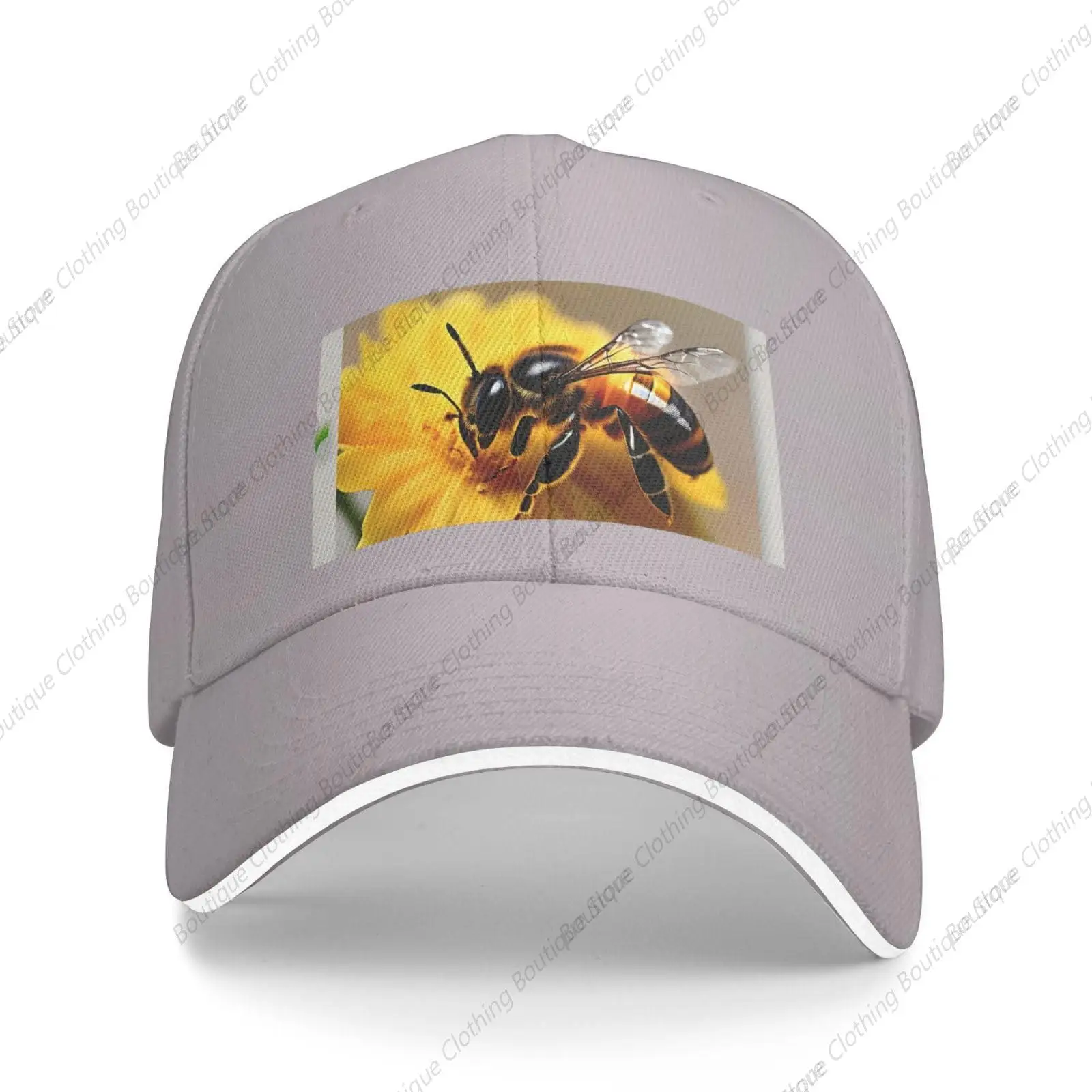 Honey Bee and Flower Print Sandwich Baseball Cap, Classic Baseball Cap, Adjustable Fashion Outdoor Cap Gray