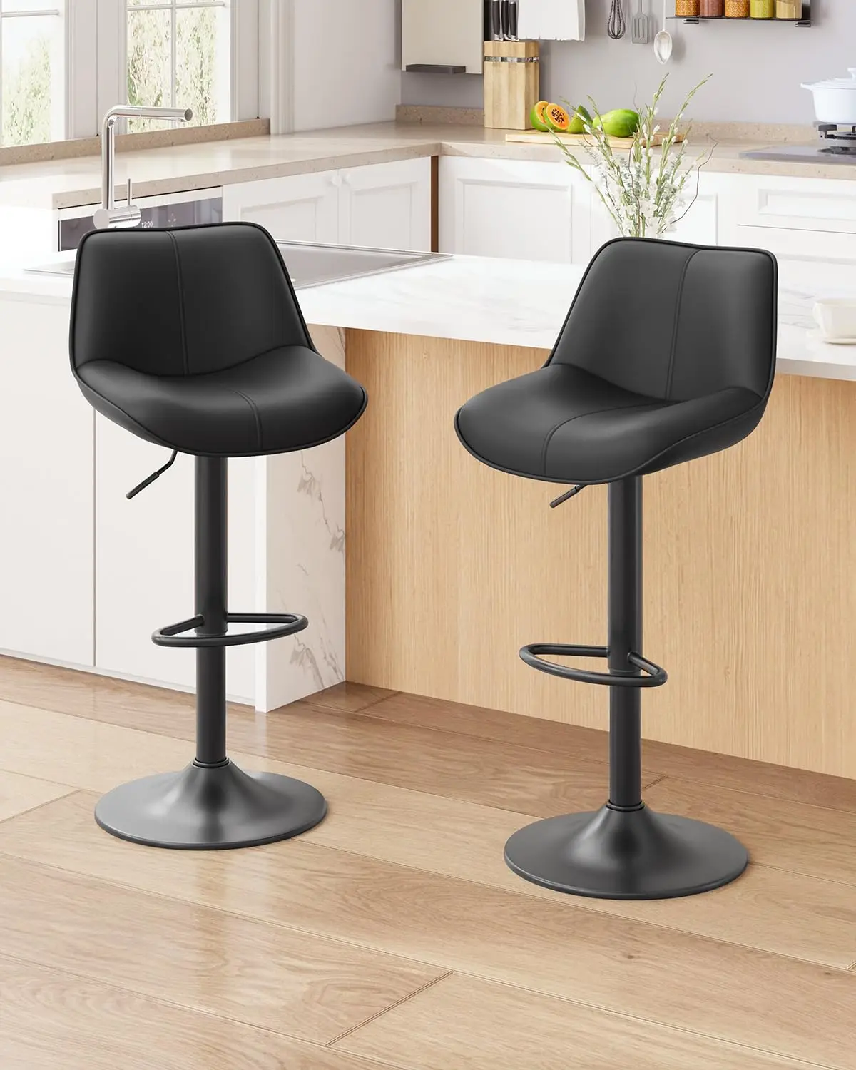 

Bar Stools Set Of 2, Adjustable Swivel Faux Leather Barstools 26-34inch With Footrests, Counter Height Island, Customized
