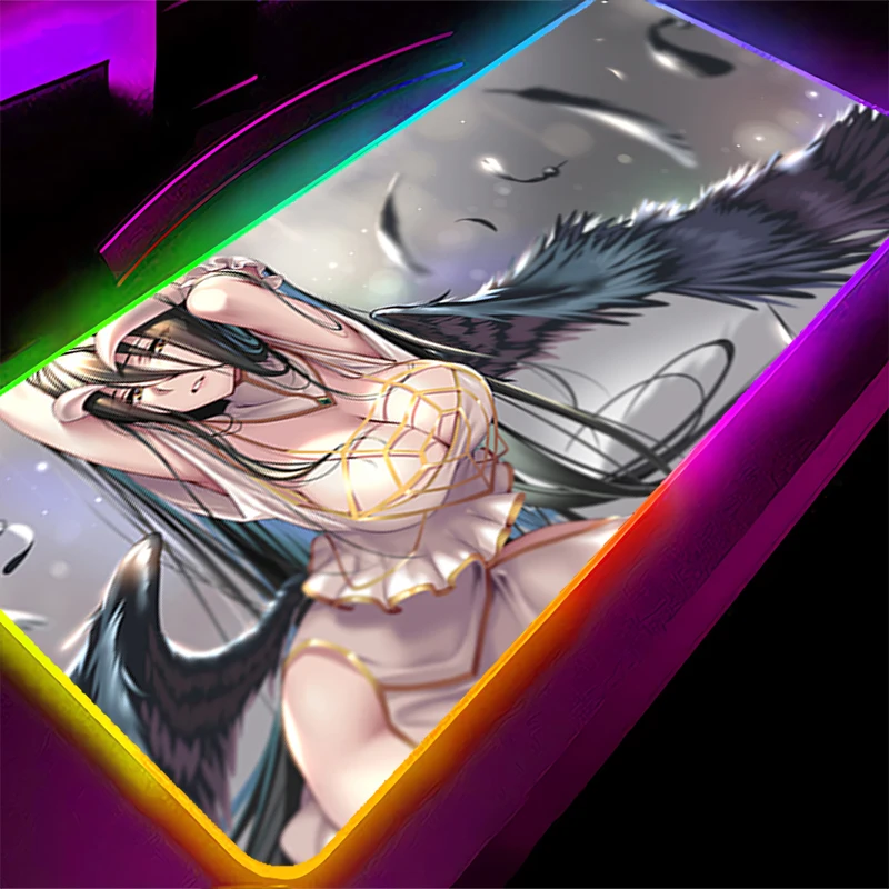 Tapis de souris LED RGB en caoutchouc HD, accessoires de jeu sur ordinateur, clavier, décoration de bureau, bureau, o-overlord Albedo