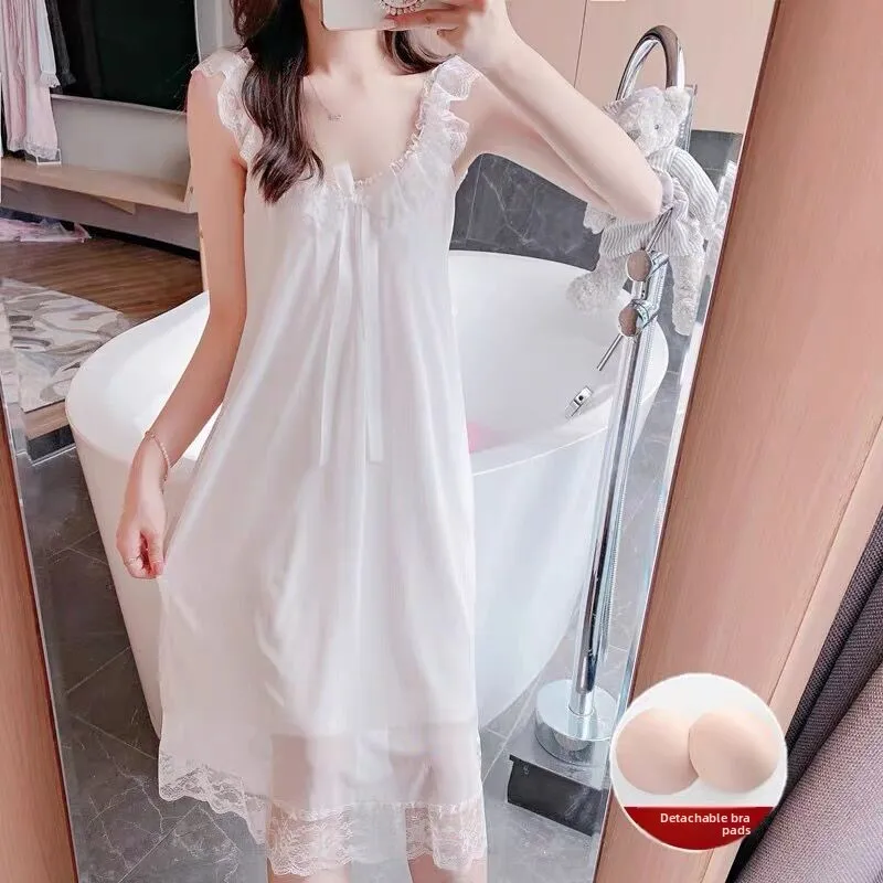 

Summer Thin Lace Nightgown Women's Spwear with Strap Princ Court Sle Bra Pad Included Loose Fit Home Clothes