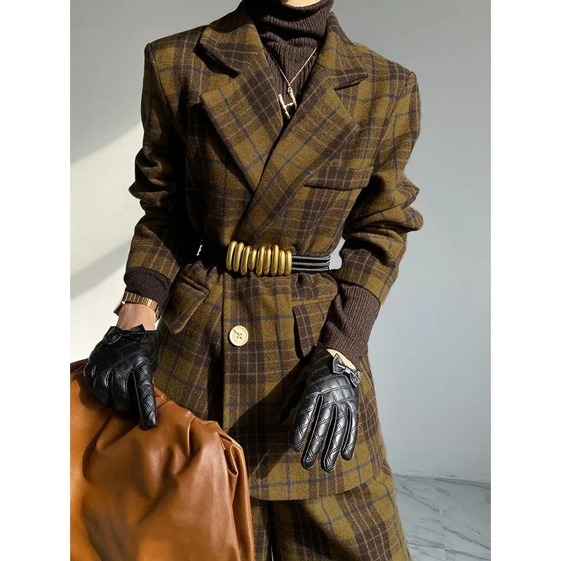 

Tinaa Vintage Plaid Plus Size Coats for Woman 2025 Autumn Winter Warm Straight Wool Blend Notched Long Sleeve Jackets 174004