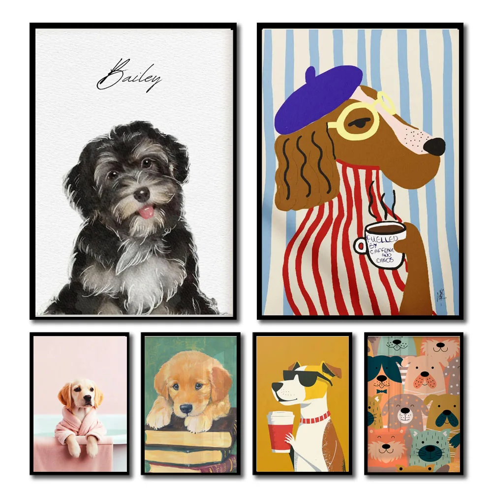 1pc Funny Lovely Dog Wall Art Print Retro Cute Dog Illustration Bathroom Living Room Bedroom Kitchen Decor
