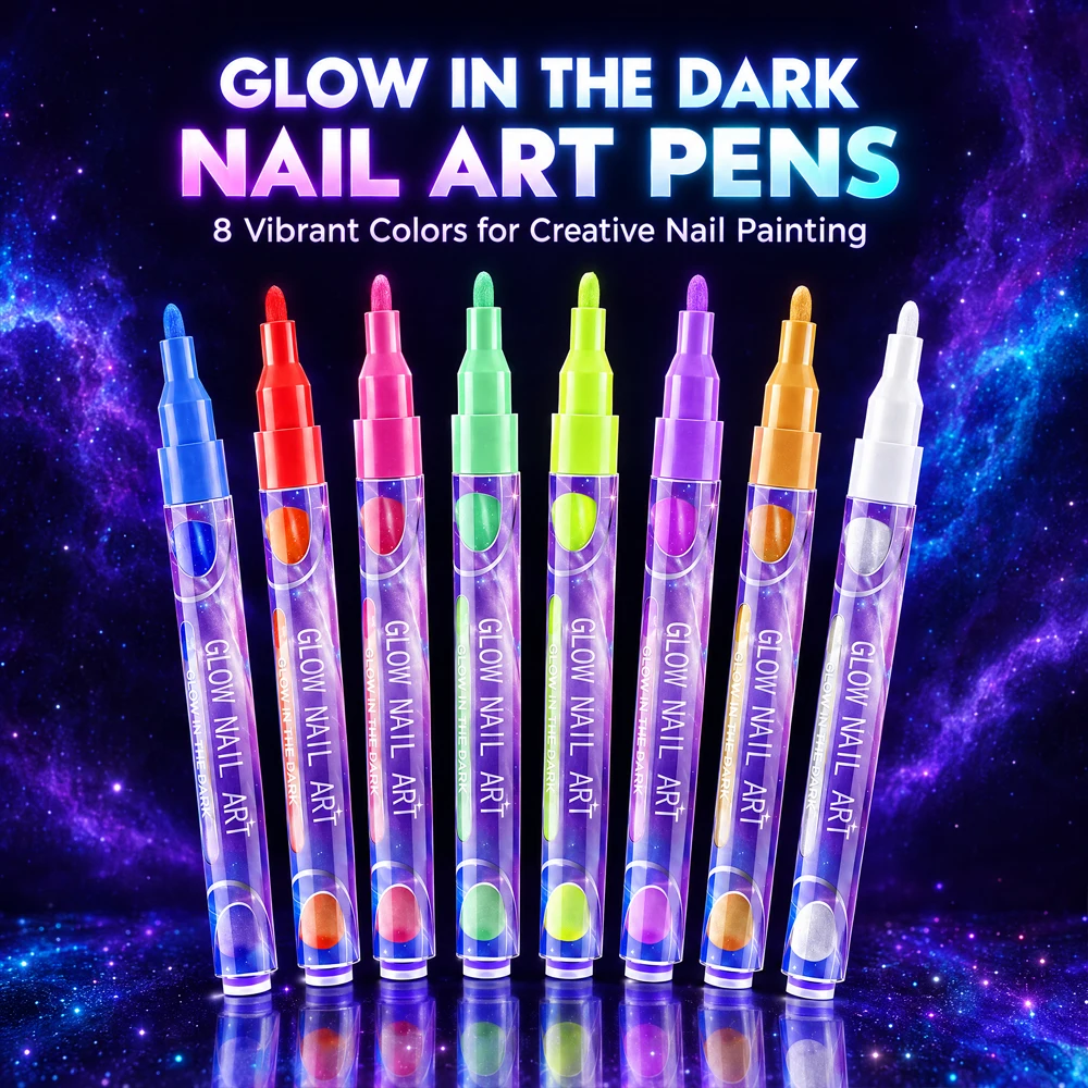 8 UV Glow Nail Art Pens, fluorescent under UV light, 1.0mm fine tip, for party & Christmas DIY nail decor, professional use