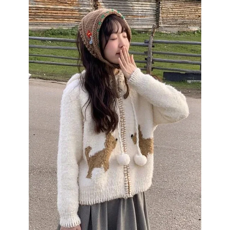 Y2k الجمالية الشارع الشهير الكرتون محبوك مقنعين سترة موضة عادية المرأة سستة معاطف اليابانية الحلو كل مباراة فضفاض القمم