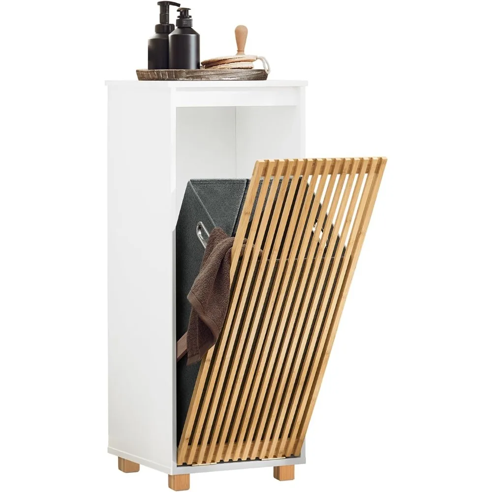 

Laundry Hamper Cabinet, Hollow Design Narrow Cabinet, Removable Cloth Basket Cabinet, White Natural BZR126-W