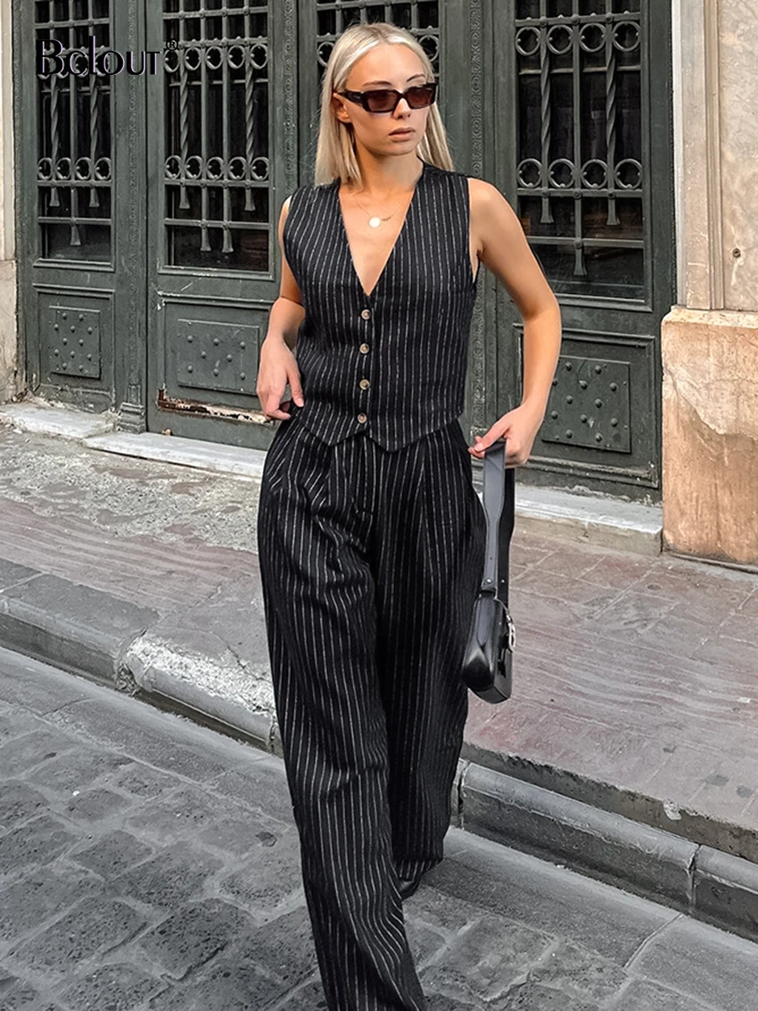 Bclout Fashion Striped Black Pants Sets Womens 2 Pieces 2024 Summer V-Neck Office Lady Tops Vintage Pleated Straight Pants Suits