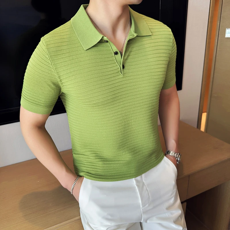 

Green Polos Shirts For Men Slim Fit High Quality Business Office Short Sleeve Men's Shirt Casual Ice Breathble Stripe Summer