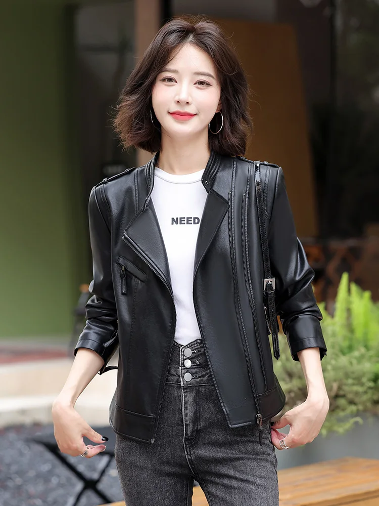 Outono/inverno nova edição coreana jaqueta de couro feminino casaco de couro do plutônio da motocicleta terno fino ajuste jaqueta de couro feminino