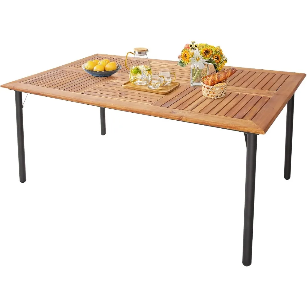 Table à manger en bois d'acacia pour 6 personnes, grande table à manger rectangulaire avec pieds en métal, trou parapluie, ferme