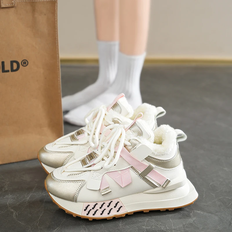 

New autumn and winter round-toe lace-up and fleece warm outdoor sports shoes white dad shoes casual women's cotton shoes