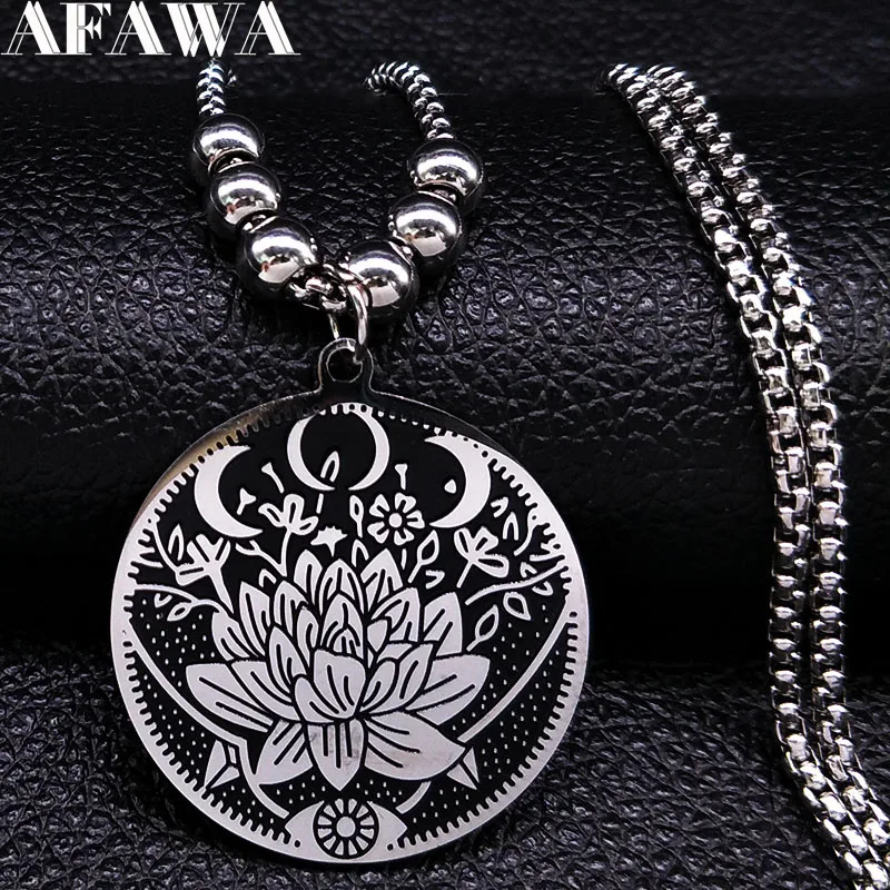 Wicca Lotus Stainless Steel Necklaces Pendants for Men Black Silver Color Moon Eye Long Chain Necklace Jewelry colgante hombre