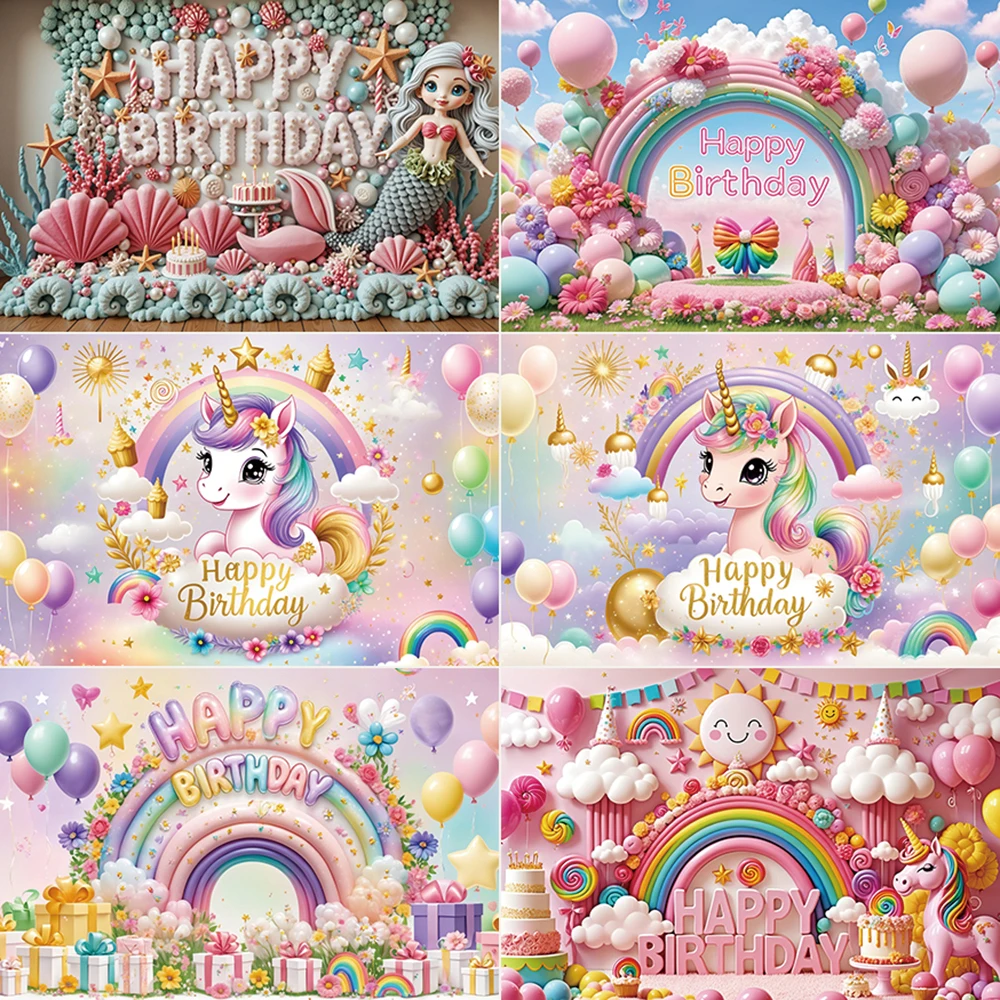 

MOON.QG Birthday Party Background Photography Cartoon Rainbow Wonderland Unicorn Photozone Backdrop Baby Studio Photozone Props