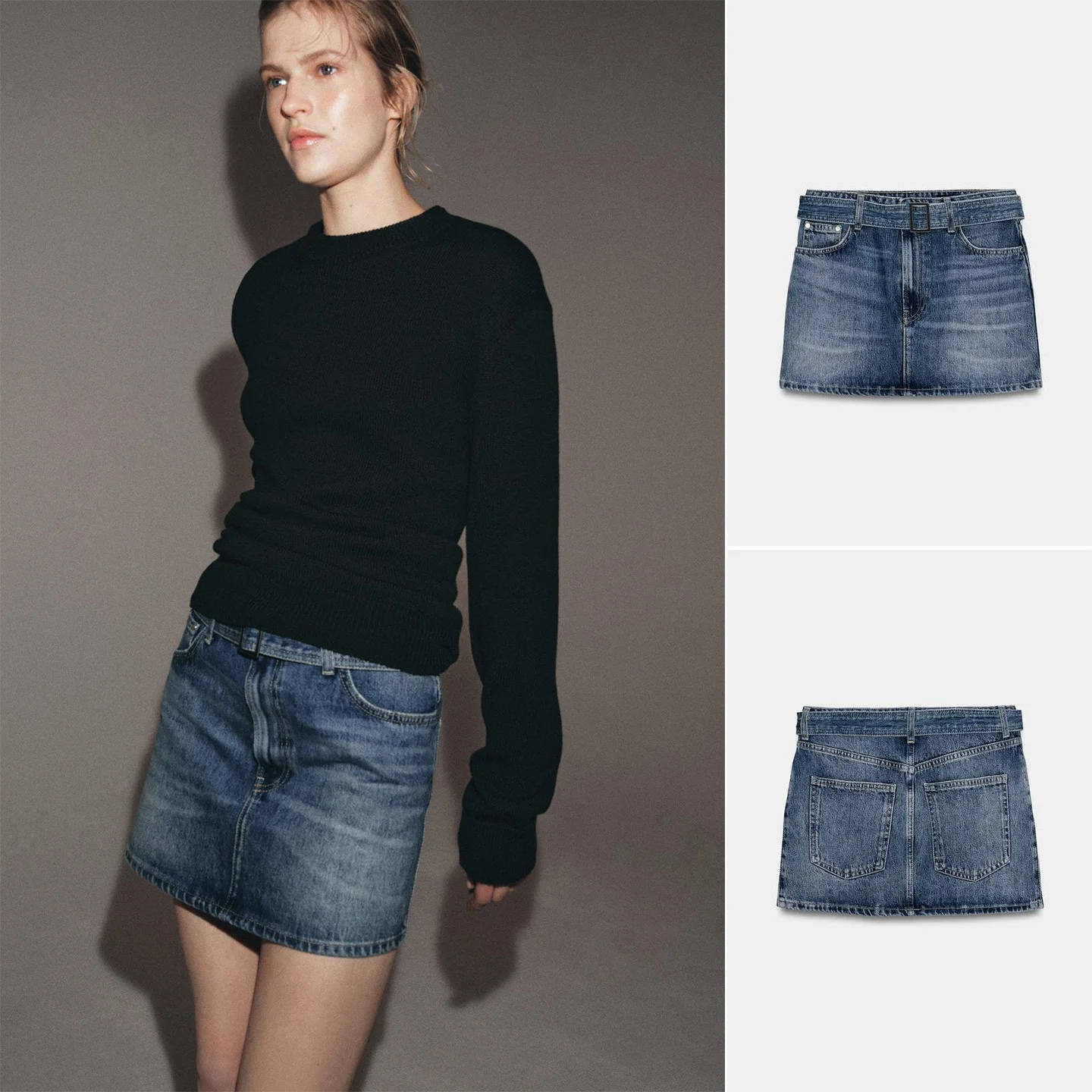 Spring 2026 Women's New Fashion Metal Buckle Short Washed Effect Denim Skirt Straight Cut Standard Waist Polyester Fiber