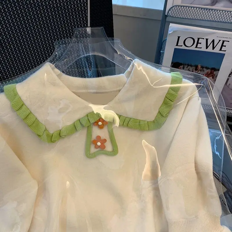 2025 봄 신상 일본풍 스위트 피터팬 칼라 컬러 블록 반팔 니트 탑 2025 봄 플로럴 러플 Y2K 스웨터