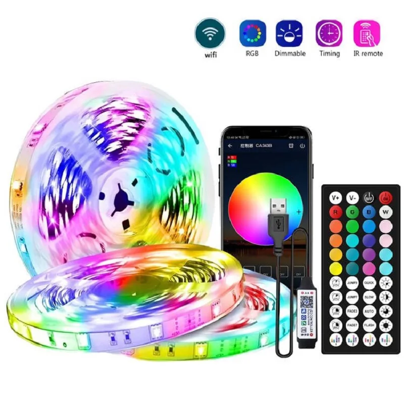 RGB Color LED Strip Light para decoração do quarto, TV Backlight para Festival, USB, Bluetooth, 5050, 5m, 10m, 15m, 20m, 30m