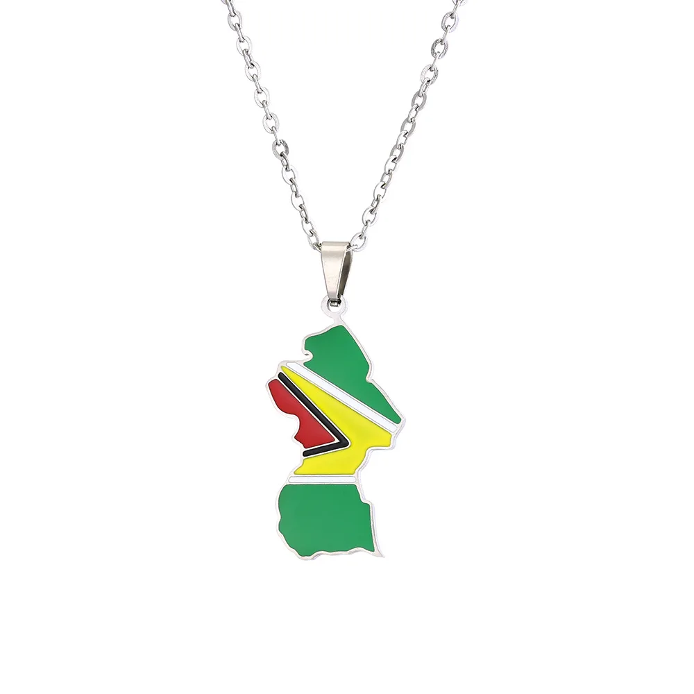 Stainless Steel French Stainless Steel Drop Oil Guyana Map Flag Pendant Necklace