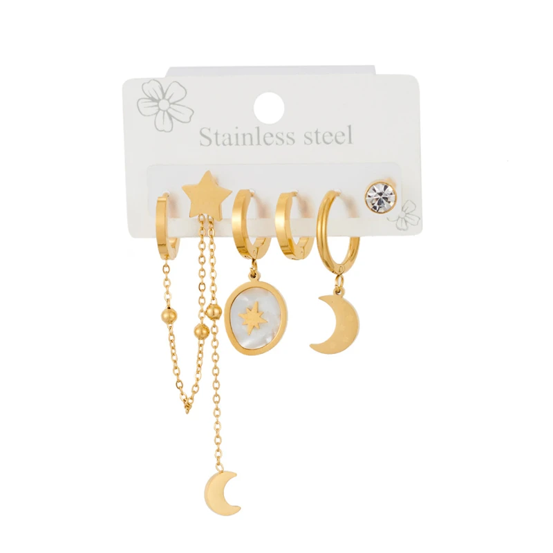 316L Stainless Steel New Fashion Fine Jewelry 6 Pieces/Set Natural Seashells Zircon Butterfly Stars Moon Stud Earrings For Women
