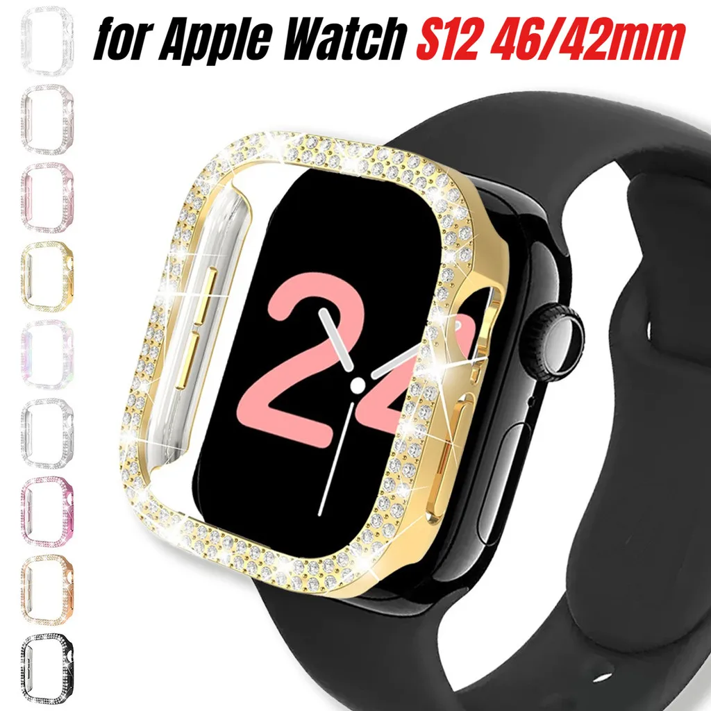 Bling Double Diamond Crystal Bumper Case Anti-Drop Protective Cover Watch Accessories for Apple Watch Series 12 46mm 42mm