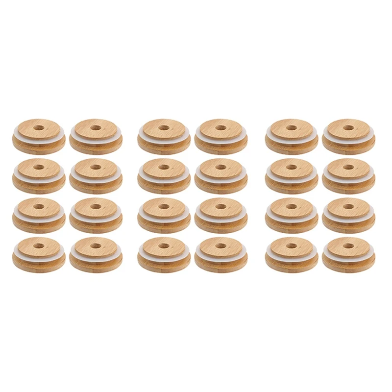 

24X Reusable Bamboo Jar Lids 70MM Bamboo Mason Jar Lids With Straw Hole For Wide Mouth Mason Jar