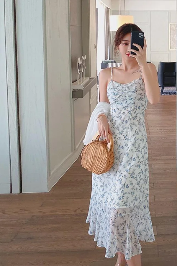 Sexy Strap Dress Women Summer 2022 Bohemian Long Dress Woman High Waist Dress Sleeveless Floral Casual Clothing