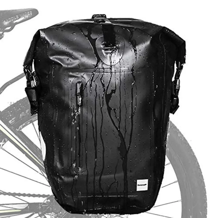 

Bike Pannier Bag for cargo rack use, waterproof nylon, black, with laptop compartment and shoulder strap versatility