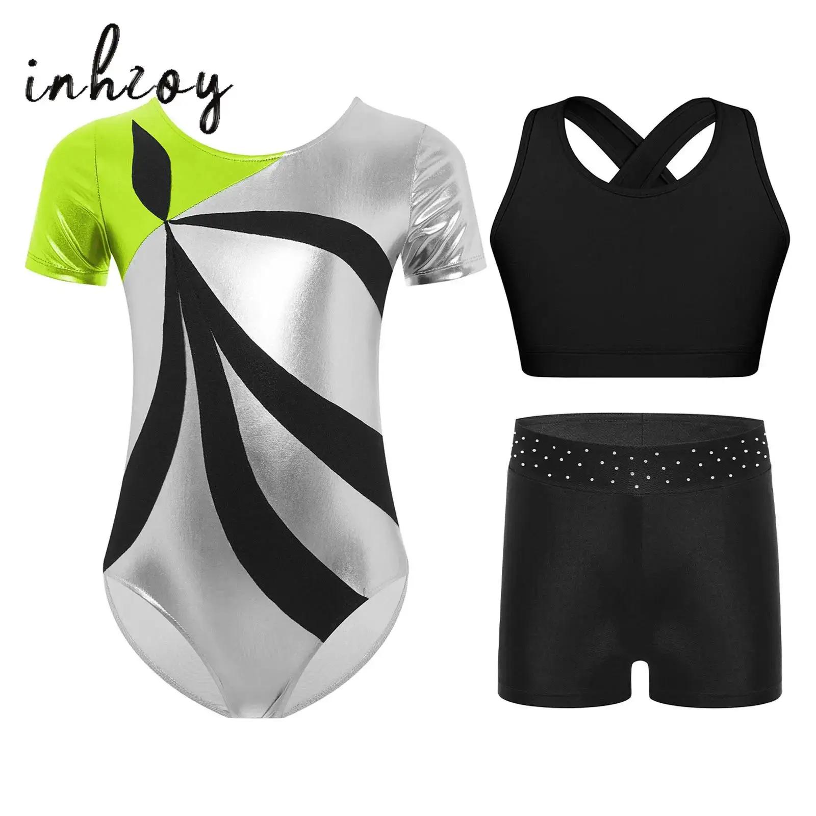 

Kids Girls Gymnastics Leotard 3-Piece Short Sleeve U Back Color Block Metallic Dance Bodysuit+Cross Back Crop Top Vest+Shorts
