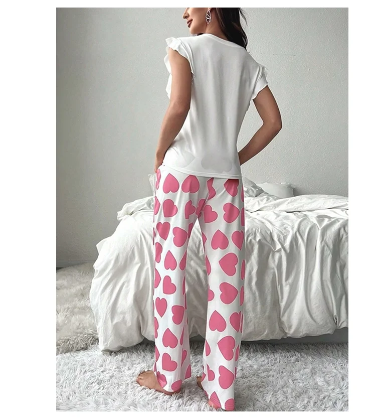 Herz & Brief gedruckt Damen Pyjama Pj Set weiche Kurzarm Tops & elastische Taille Hosen Pyjama Pijama Femme Casual Home Kleidung – Detail 11
