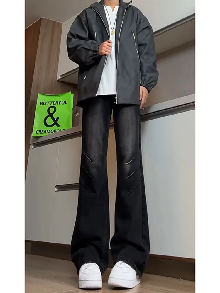 

aduated Wa Men's Jeans High Street Vibe Straight Leg Design Worn White Micro Flared Pants Youthful Casual Wear Resistant