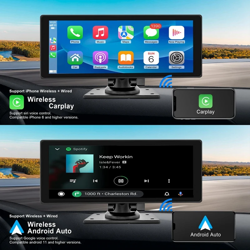 Portable Wireless Carplay Car Stereo With Dash Cam - 10.26In HD IPS Screen, Android Auto, 1080P Backup Camera, Bluetooth