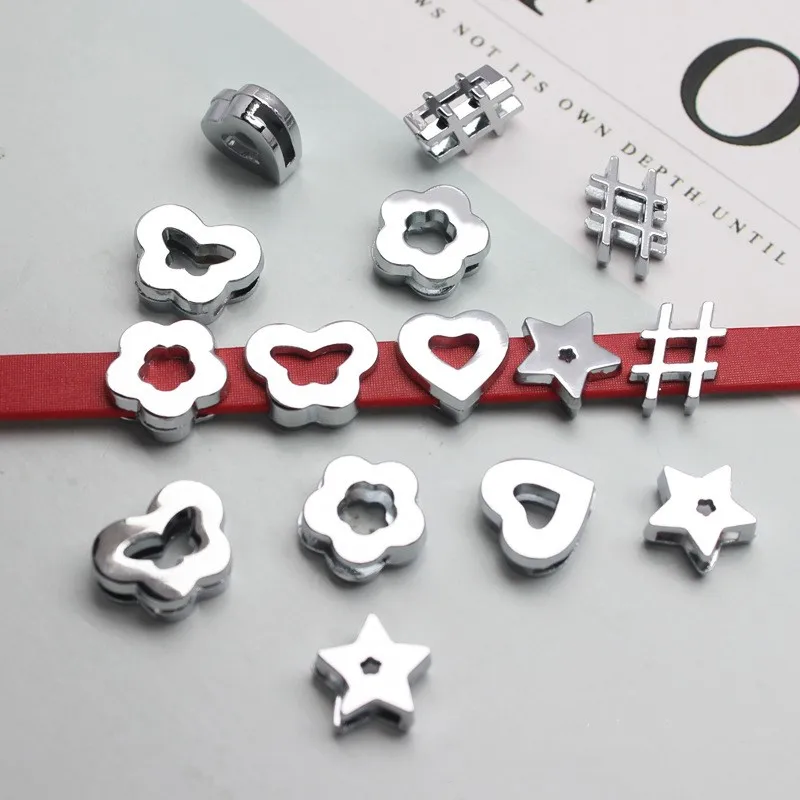 50PC/lot 8MM Plain # Heart Star Flower Butterfly Slide Charm DIY Charms for 8mm DIY Bracelet Wristband Jewelry Making