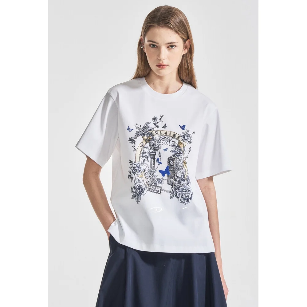 

Футболка из чистого хлопка с круглым вышивкой Ne Letter ort Sve, универсальный маленький корейский женский топ с короткими рукавами