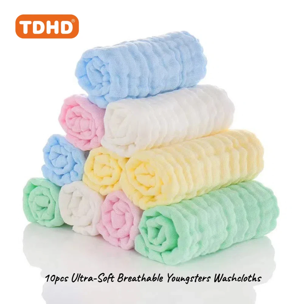 

TDHD 10pcs Ultra-Soft, Absorbent & Breathable Youngsters Washcloths - Solid Colors, Perfect for Sensitive Skin, Pure Cotton