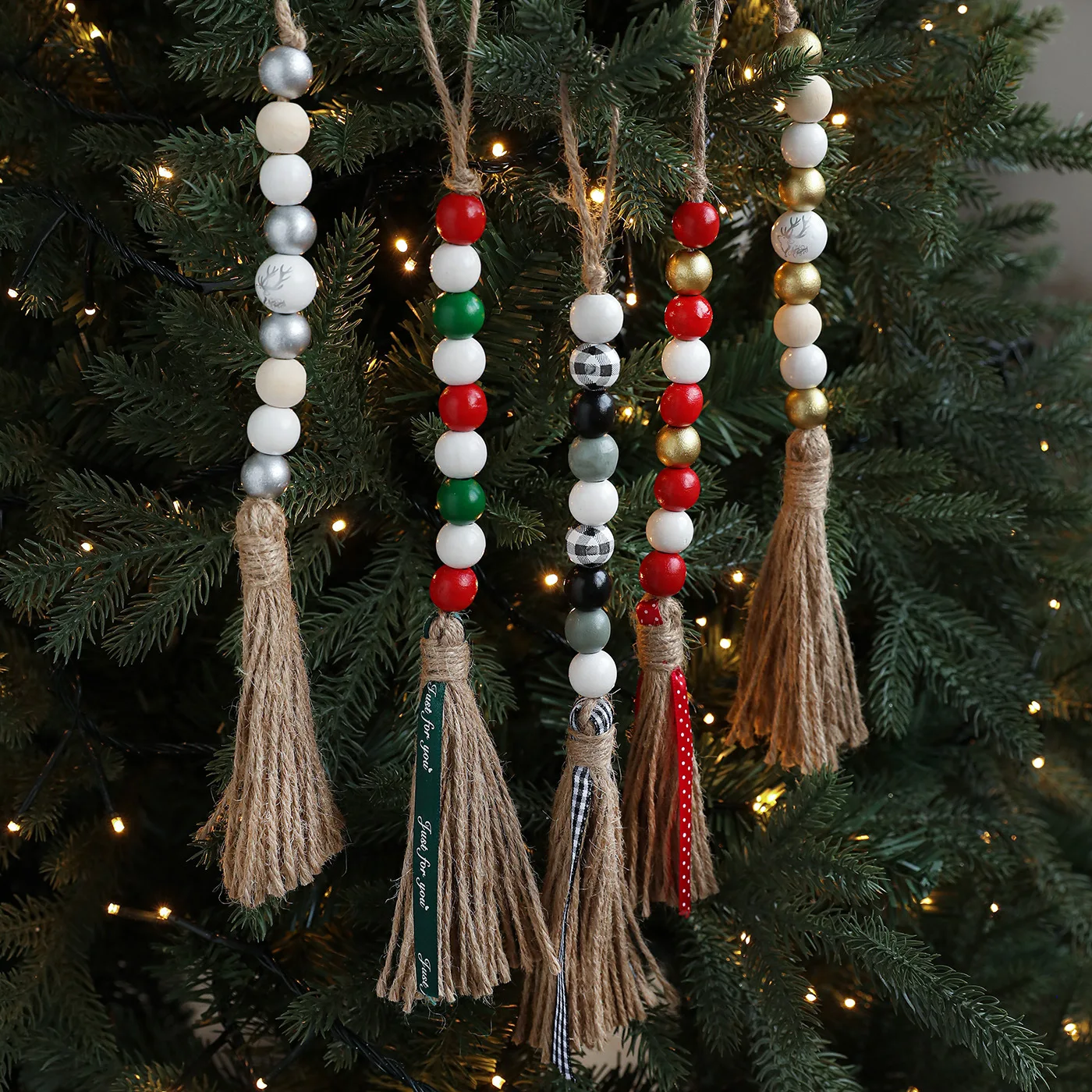 

Wooden Pendant Desktop Ornaments Box 3D Elk Christmas Tree Decorative Hanging Hemp Rope Wooden Bead Colorful Tassel Decor