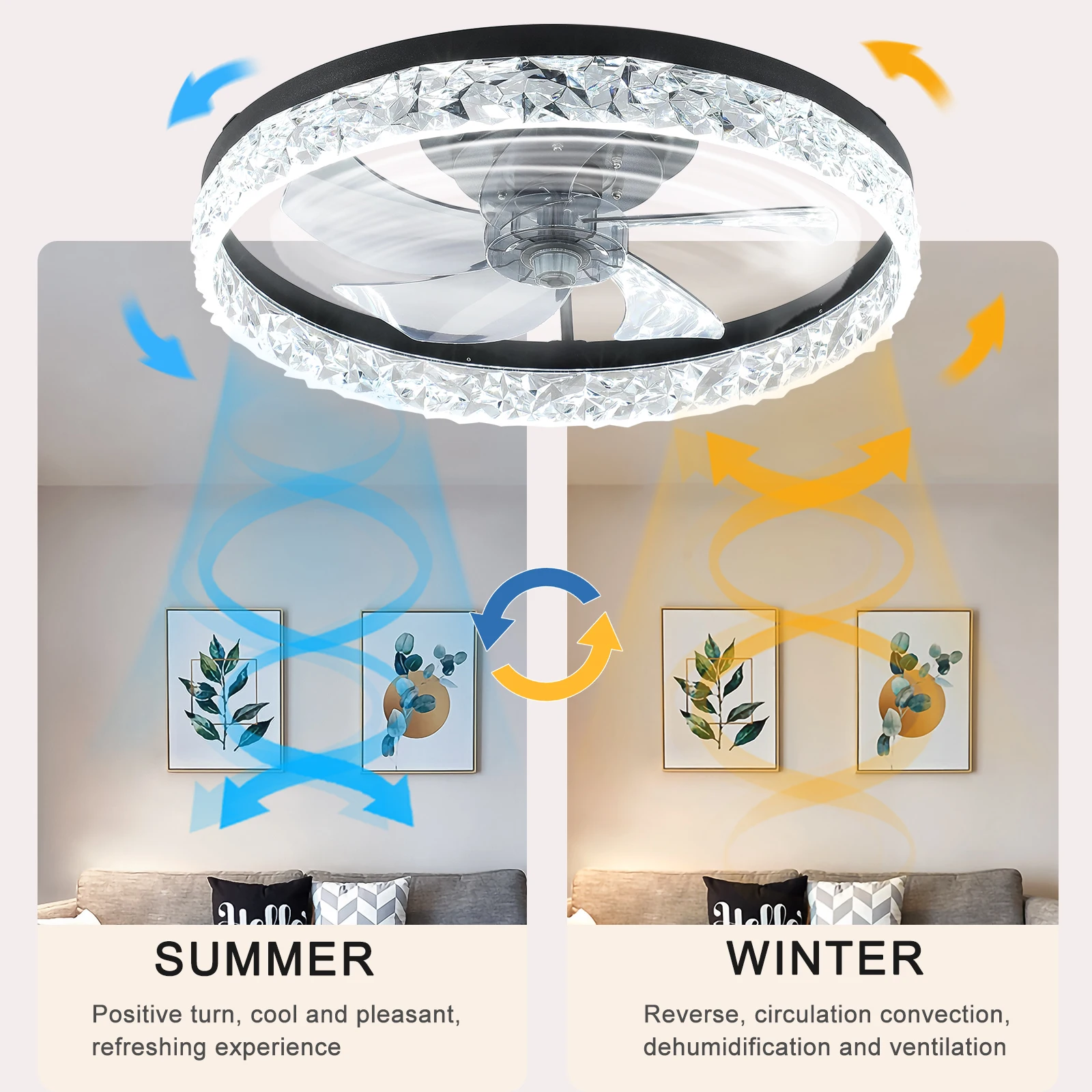 Modern acrylic black ceiling fan light with remote control, dimmable LED pendant light, 6-speed adjustable, silent motor